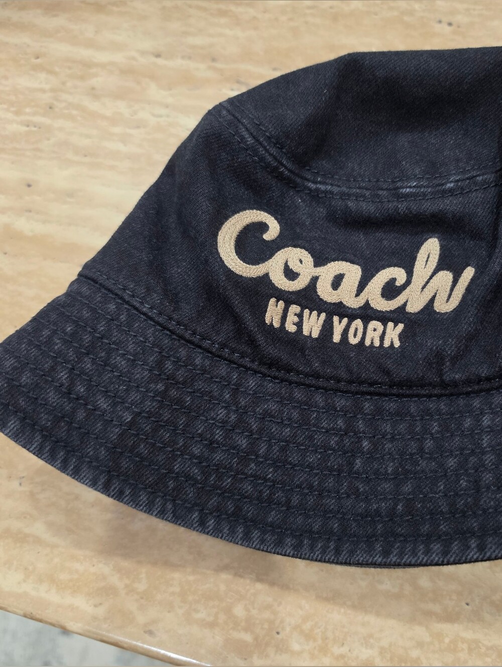 Coach Black Bucket Hat with Tan Logo Embroidery
